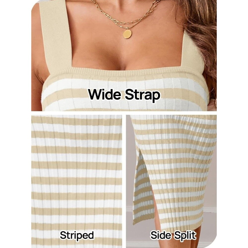 Merokeety Stretchy Knit Cream & Tan Striped Maxi Dress, Square Neckline, XS - Picture 5 of 12